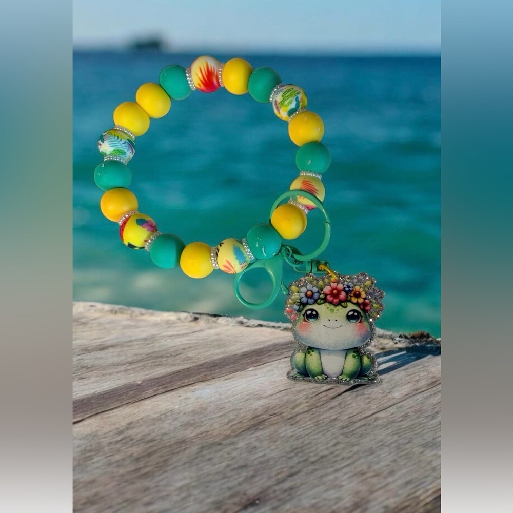 Colorful Beaded Frog Charm Wristlet Keychain Bracelet